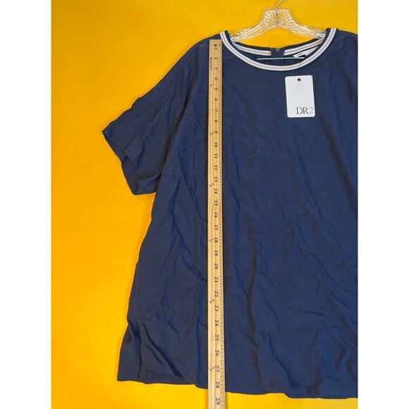 DR2 Ringer Blouse Top Womens 2X Plus Indigo Blue Short Sleeve Zip Crew Neck NWT - Picture 5 of 7